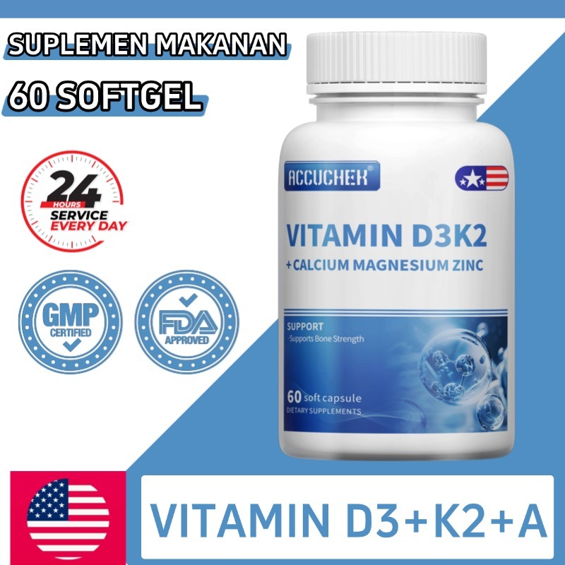 Suplemen Vitamin D3 K2 + Calcium Magnesium Zinc, Mendukung Kesehatan Tubuh Secara Menyeluruh, 60 sof