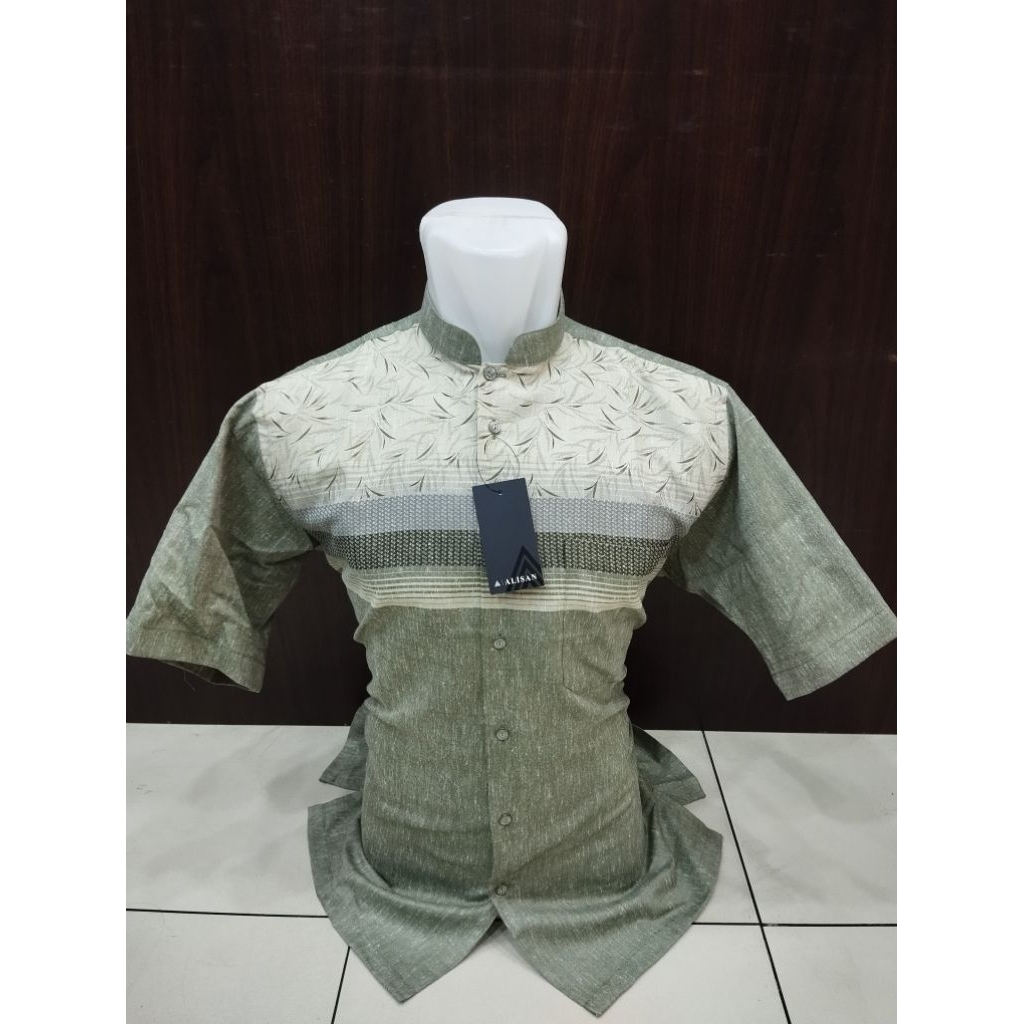 Alisan Baju Muslim Koko Fashion Pria Motif Daun Biru & Olive Lengan Pendek Reguler