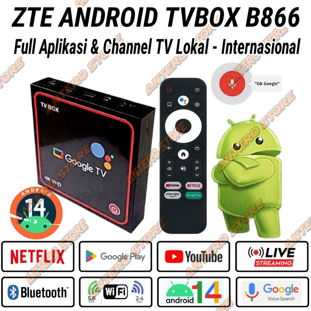 stb android tvbox remote voice zte ram 4gb 32gb memory siap pakai