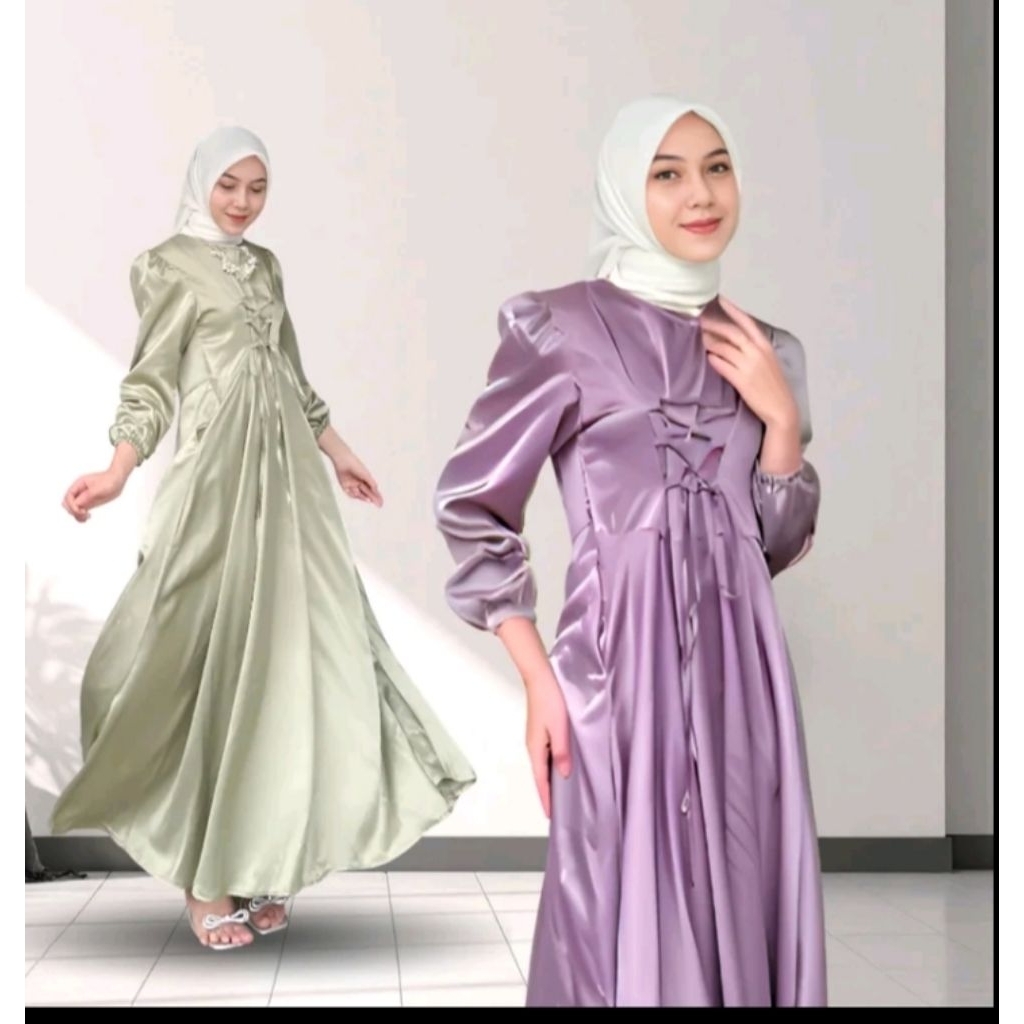 Gamis trend lebaran fashion muslim satin premium dress panjang wanita