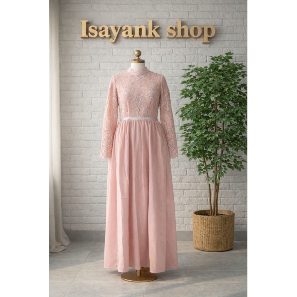PL Gamis Pink Brukat Kombi satin halus jatuh