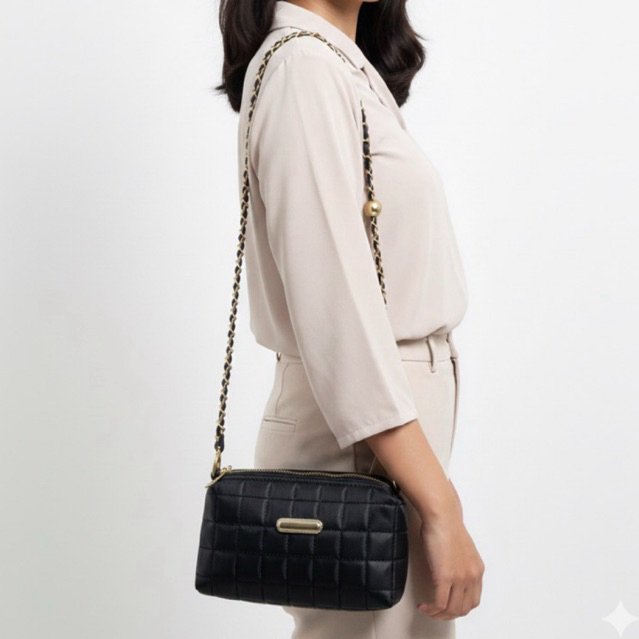 Tas Selempang Wanita Kulit Sintetis Tali Rantai Hitam