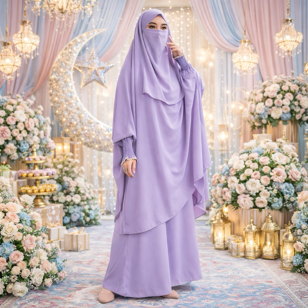Lilac Set Setelan Gamis Fk French khimar Ori Zakia by Ummah lengan cincin ring smock renda cadar ins