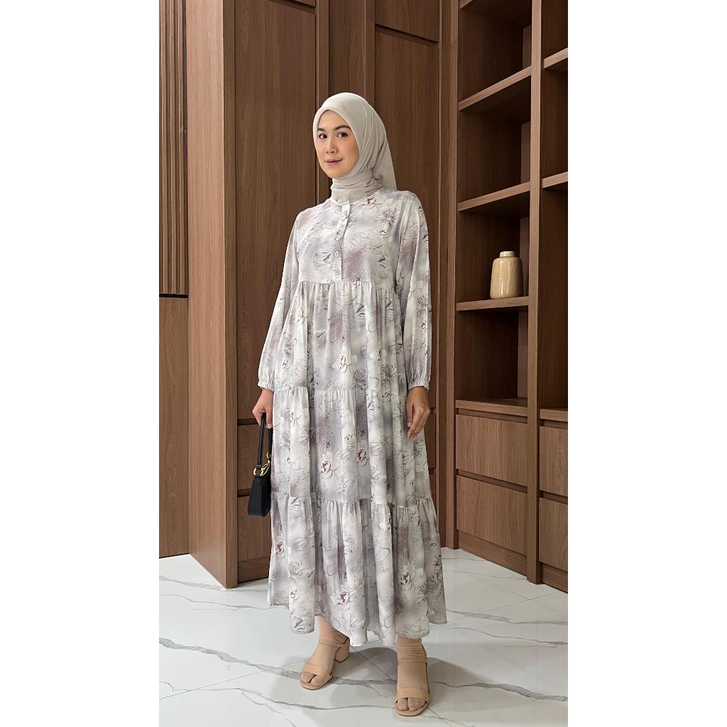MIDI DRESS HANIYAH PRINT / BAJU WANITA MUSLIM/ WARNA DIABI ADIBA/ GROSIR TANAH ABANG