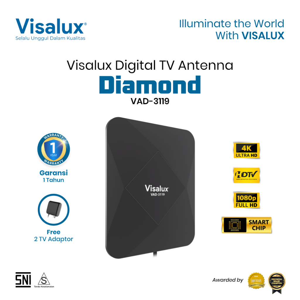 Visalux Diamond Digital TV Antenna Indoor Outdoor - Antena Digital Luar Dalam Ruangan dengan Kabel 1