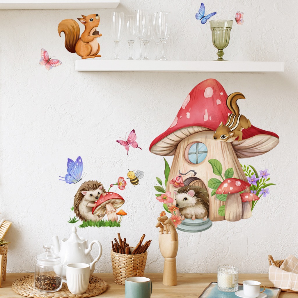 Cartoon hedgehog squirrel mushroom house children's room indoor sticker 4268