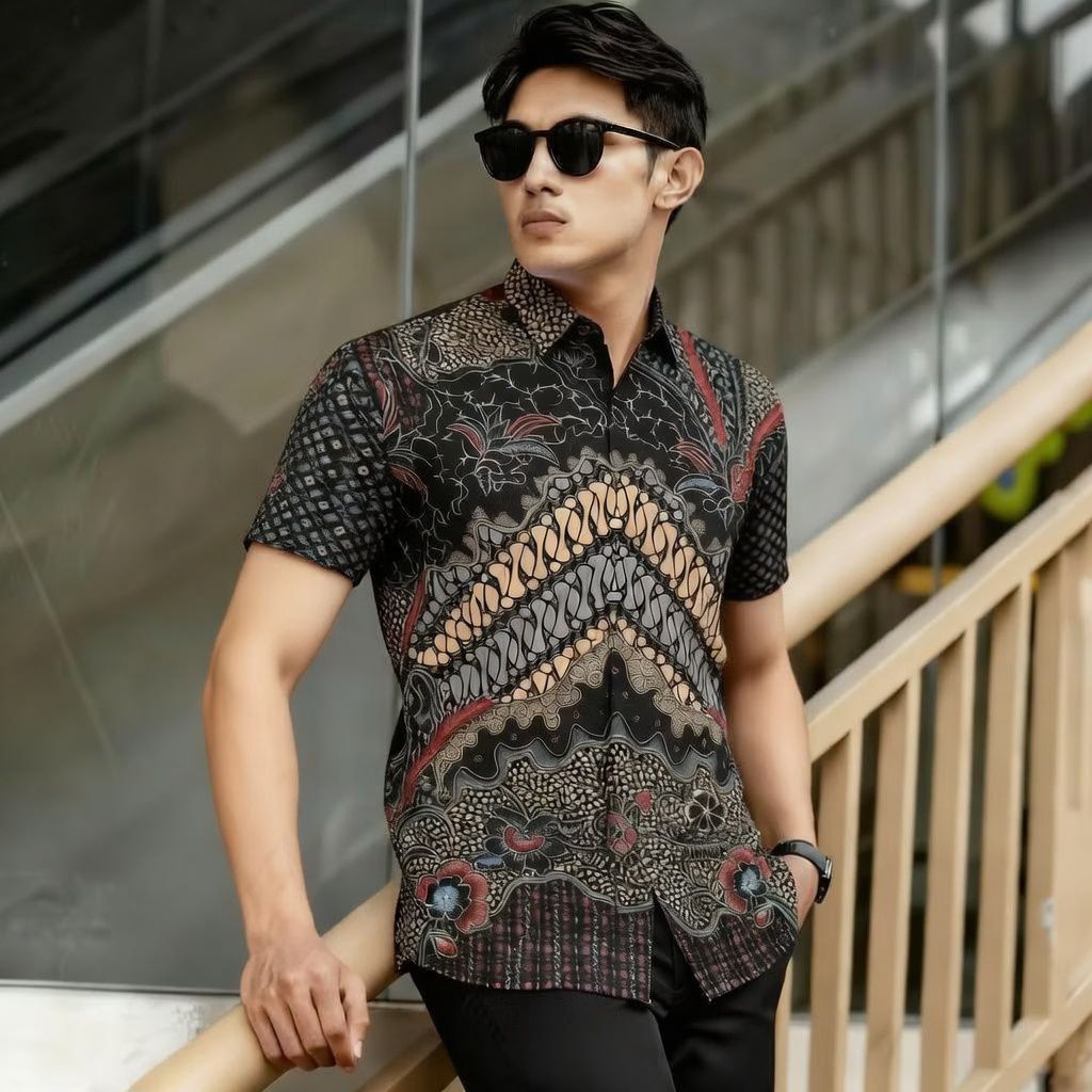 Batik Warna Agung Batik Manggar Abu Batik Pria Premium Lengan Pendek Hem Pria