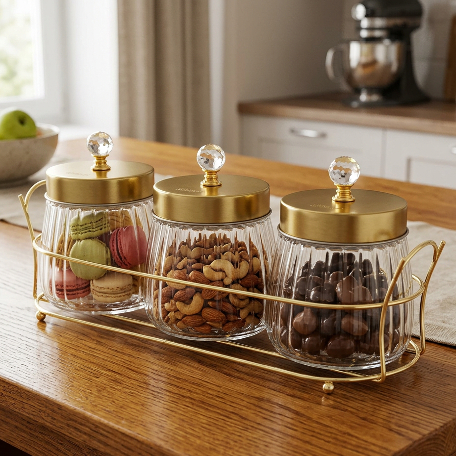 CULINART Set 3 Pcs Stoples Kaca 480 Ml dengan Rak dan Tutup Kedap Udara