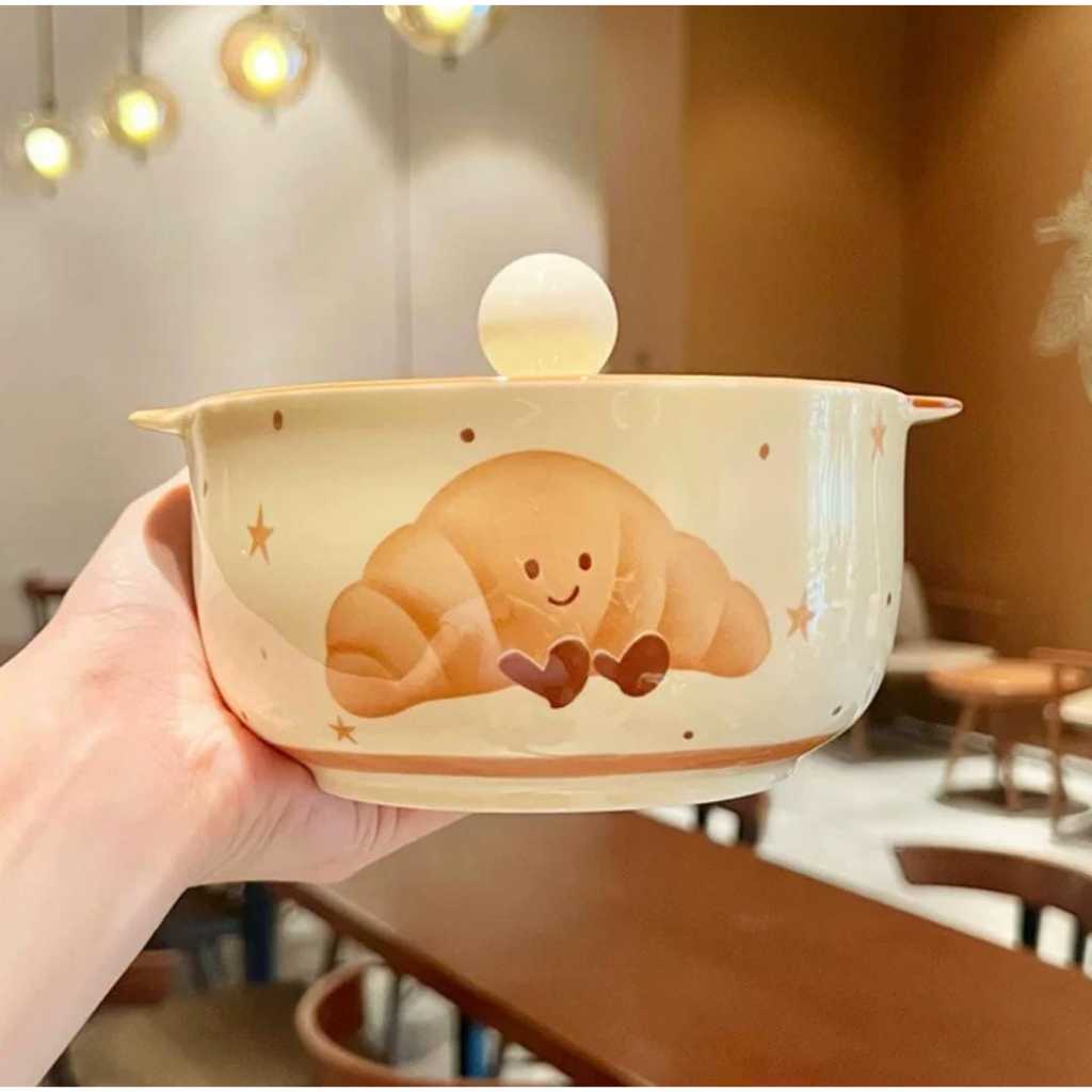 Mangkok / Mangkuk Keramik Halus Tutup Kaca Gambar Roti / Alpukat
