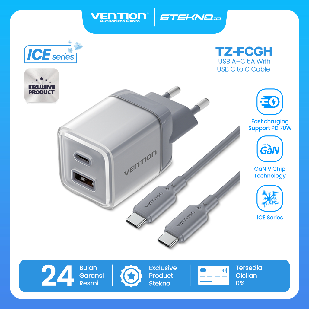 Vention GaN Charger 70W ICE Series + Kabel USB-C to USB-C 5A Fast Charging Adaptor iPhone Samsung An