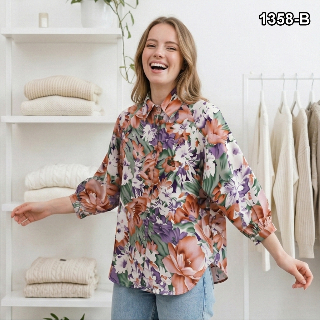 Baju BANGKOK BKK Import : LD 110cm Kemeja Blouse Wanita Fashion Atasan Lengan 7/8 #1358-B