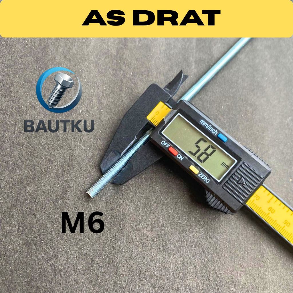 AS DRAT M6 x 1 Meter Galvanis Putih (Mur Kunci 10) Long Drat M6 / Stud Bolt Besi 6mm Full Ulir 1M