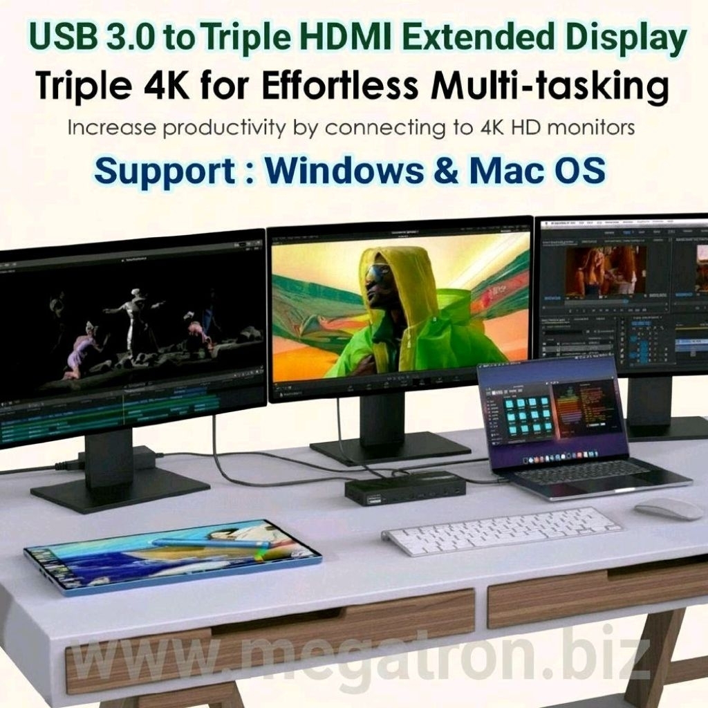 USB type-C to Triple HDMI (Multiview) - Extend ke 3 Monitor Resolusi 4K (bisa tampilan beda-beda)
