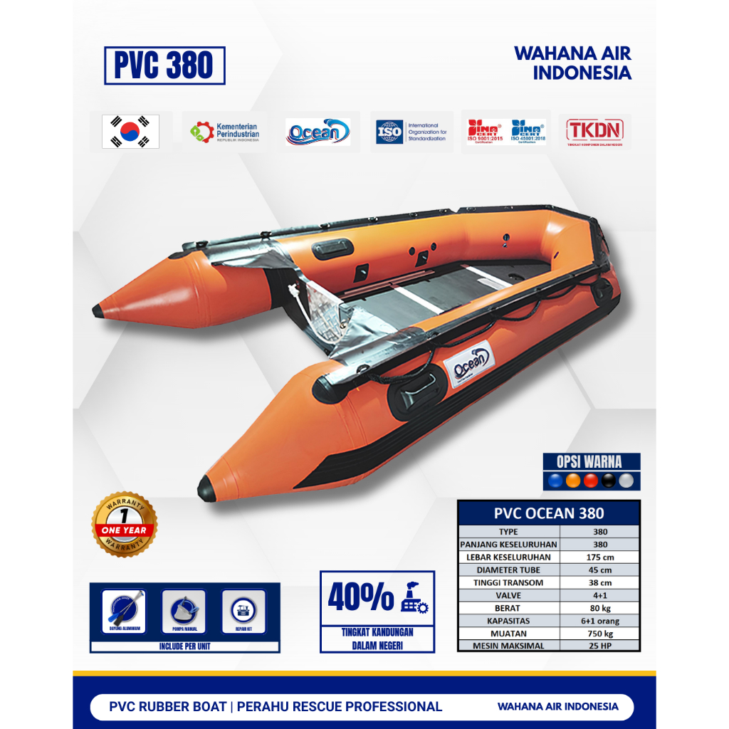 PERAHU KARET PVC PROFESSIONAL RESCUE 380 OCEAN, PERAHU BANJIR, PERAHU BENCANA, PERAHU KAPASITAS 6+1 