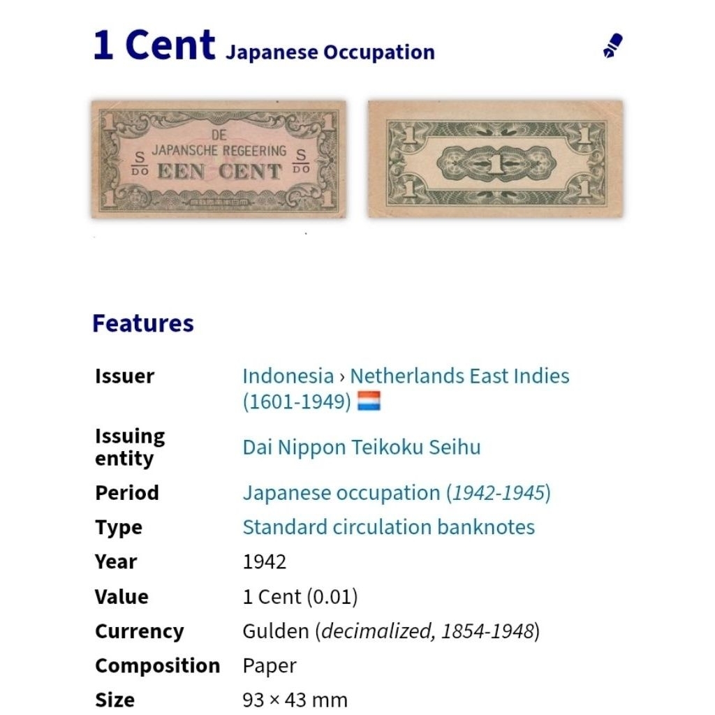 uang masa penjajahan 1 cent/1 sen DE JAPANSCHE REGEERING 1942-1945