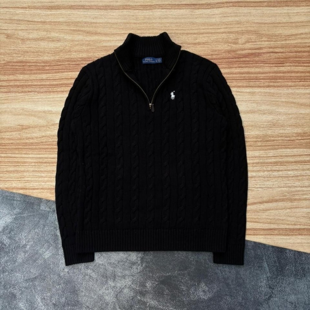 New Cable Knit Quarter Zip Sweater Black Ralph Lauren Pria Wanita Cotton Original