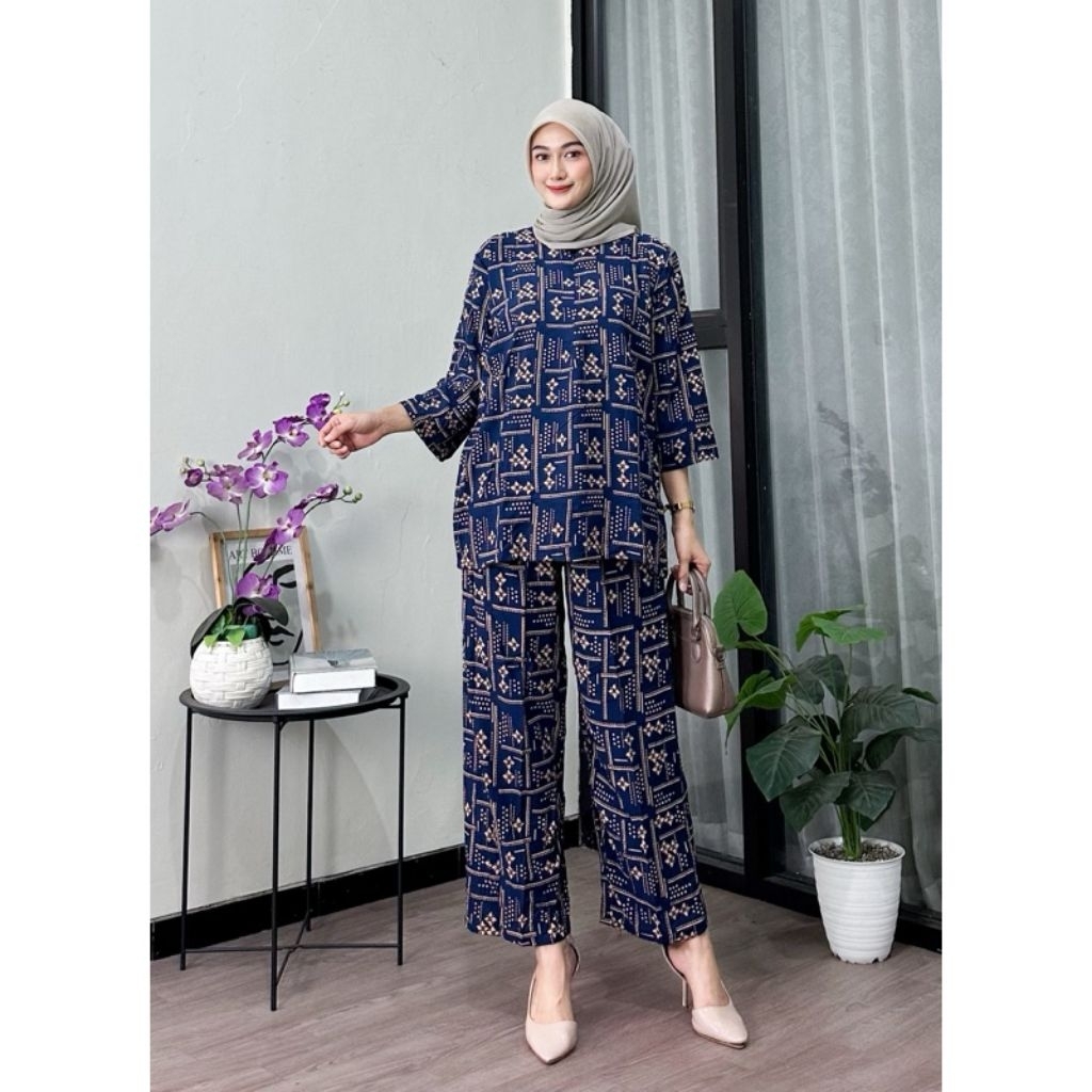 SETELAN WANITA KATUN RAYON MOTIF BUNGA LENGAN 7/8