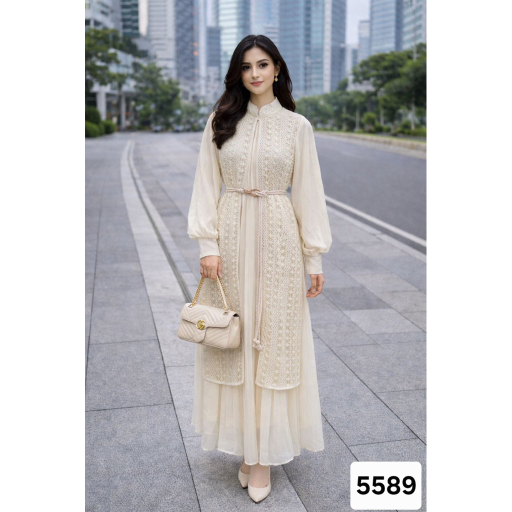 gamis Lebaran rompi tenun bordir lengan balon