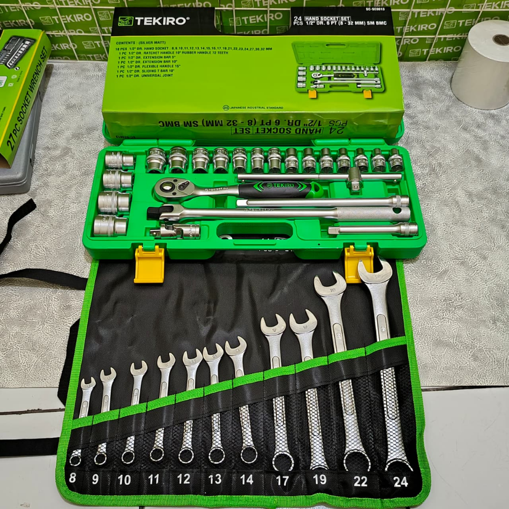 TEKIRO Paket BENGKEL Kunci Sok Set 24pcs 8-32mm 6pt 1/2inci +Kunci Ring Pas Set 11 pcs Tekiro