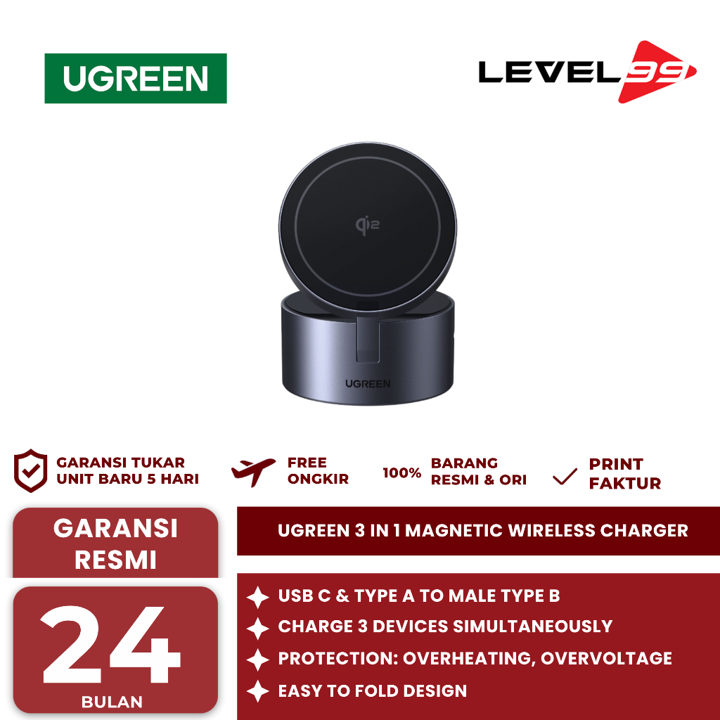 UGREEN 3 IN 1 Magnetic Wireless Charger Magsafe Qi2 Fast Charging 15w 65148 - Wireless Charger UGREE