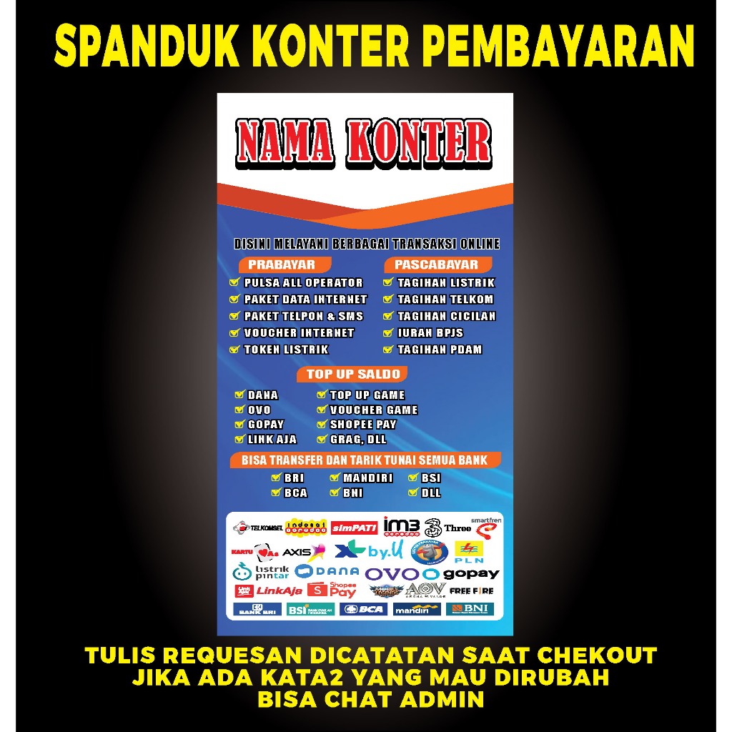 SPANDUK KONTER BERDIRI CUSTOM NAMA KONTER
