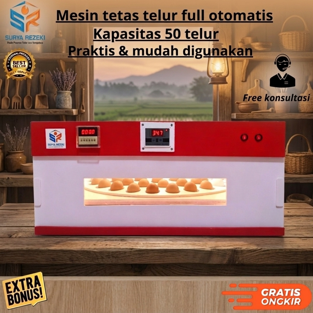 Mesin Tetas Telur Full Otomatis Kapasitas 50 Telur untuk Ayam, Bebek, dan Burung dengan Timer dan Te