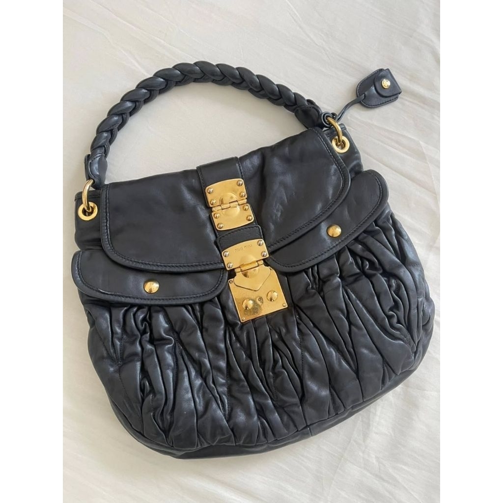 PL) Miu2 Black Mattelase Leather Coffer hobo bag