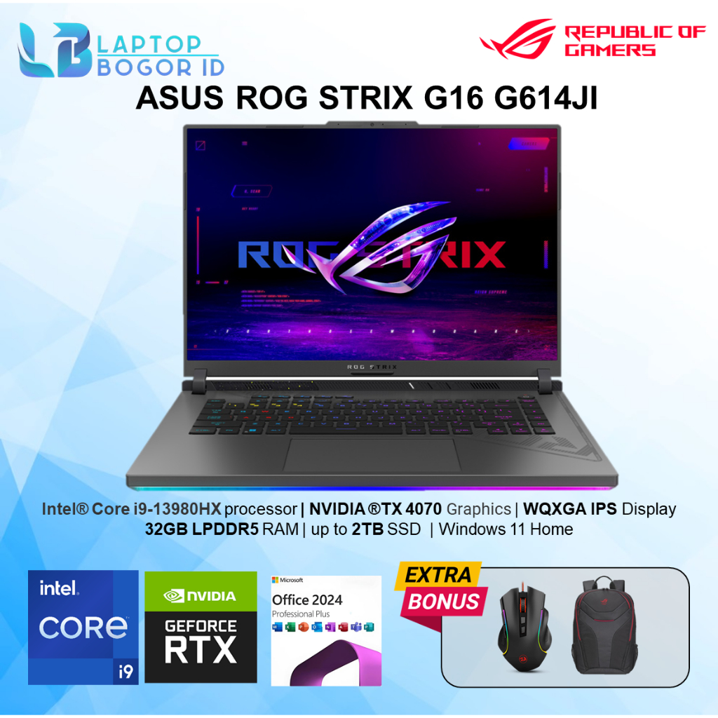 LAPTOP GAMING ASUS ROG STRIX G16 G614JI Intel I9 13980HX 32GB 2TB SSD RTX4070-8GB 16.0 WQXGA 240HZ G