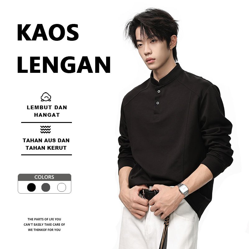 Pria V-kerah kaos kasual lengan panjang mode pria kasual Henley kerah T-shirt lengan panjang atas