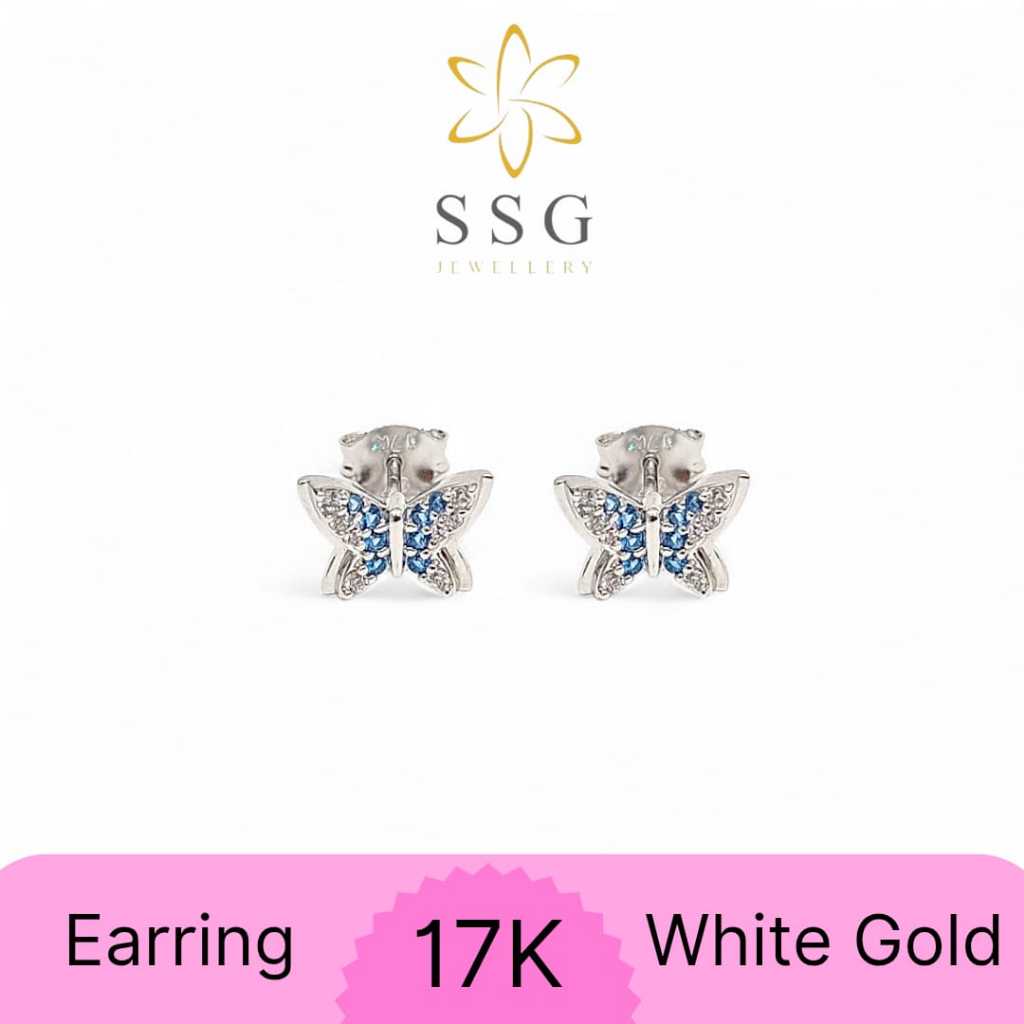Anting Tindik Model Kupu Permata Biru Kombinasi White Gold / Emas Putih 17K - SSG JEWELLERY