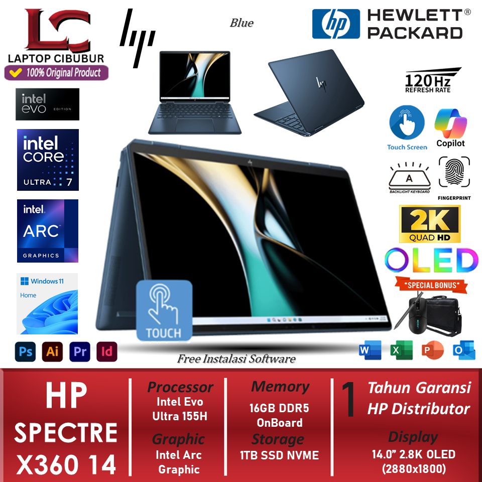 Laptop Hp Spectre X360 14 Intel Evo Ultra 7 155H 16GB DDR5 1TB Intel Arc 2.8K Oled Touch 120HZ W11