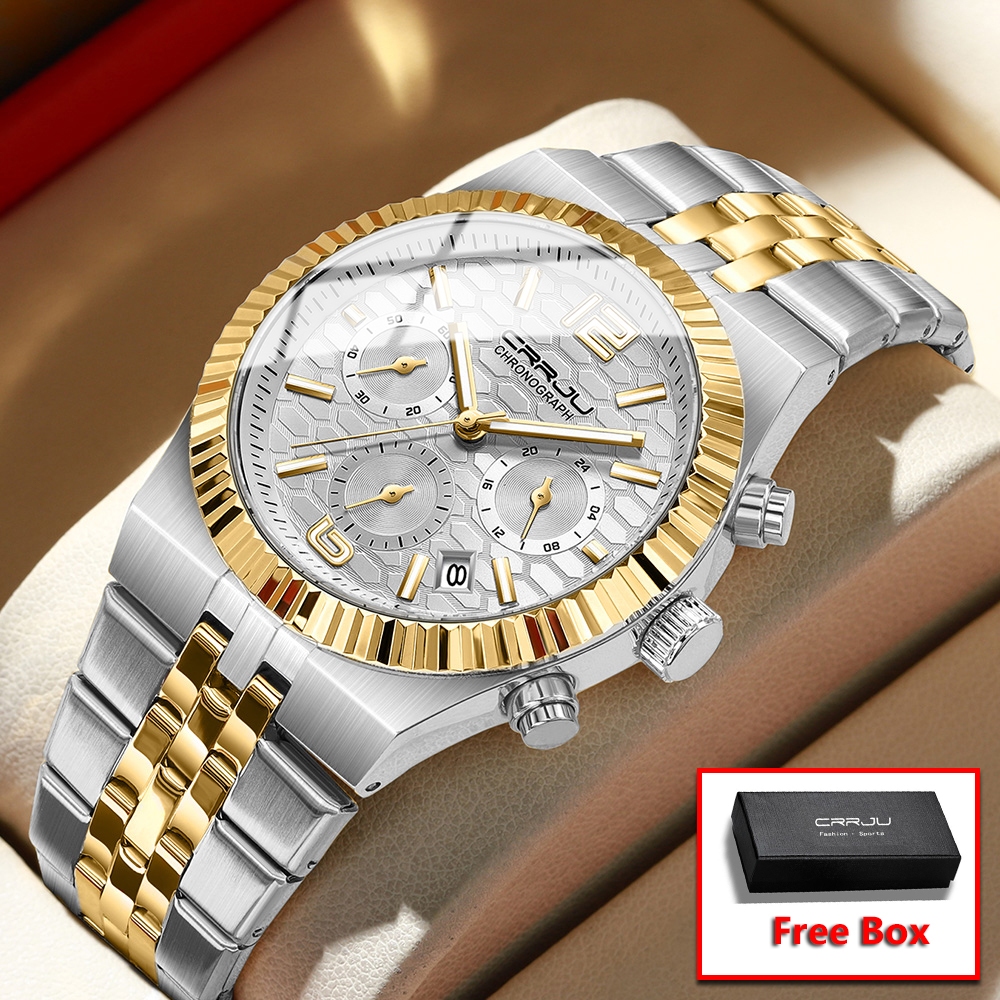 CRRJU Jam Tangan Pria Analog Stainless Steel Chronograph Aktif Luminous Hand Jam Tangan Cowok