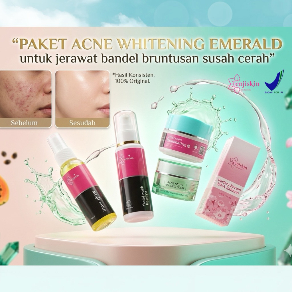 Skincare Wajah Paket Emerald Enjiskin Untuk Acne Glowing dan Whitening