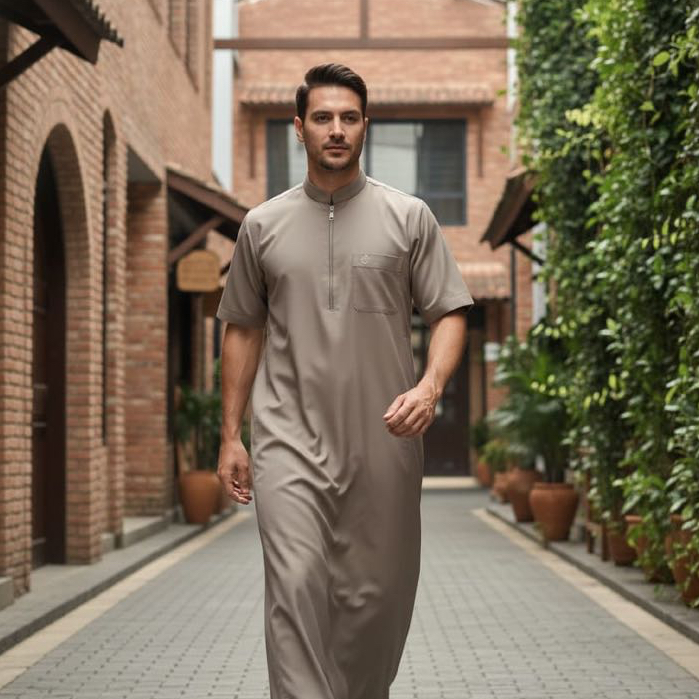 Jubah Pria FAREEQ – Baju Muslim Lengan Pendek Kerah Bulat & Resleting | ArabTsaub