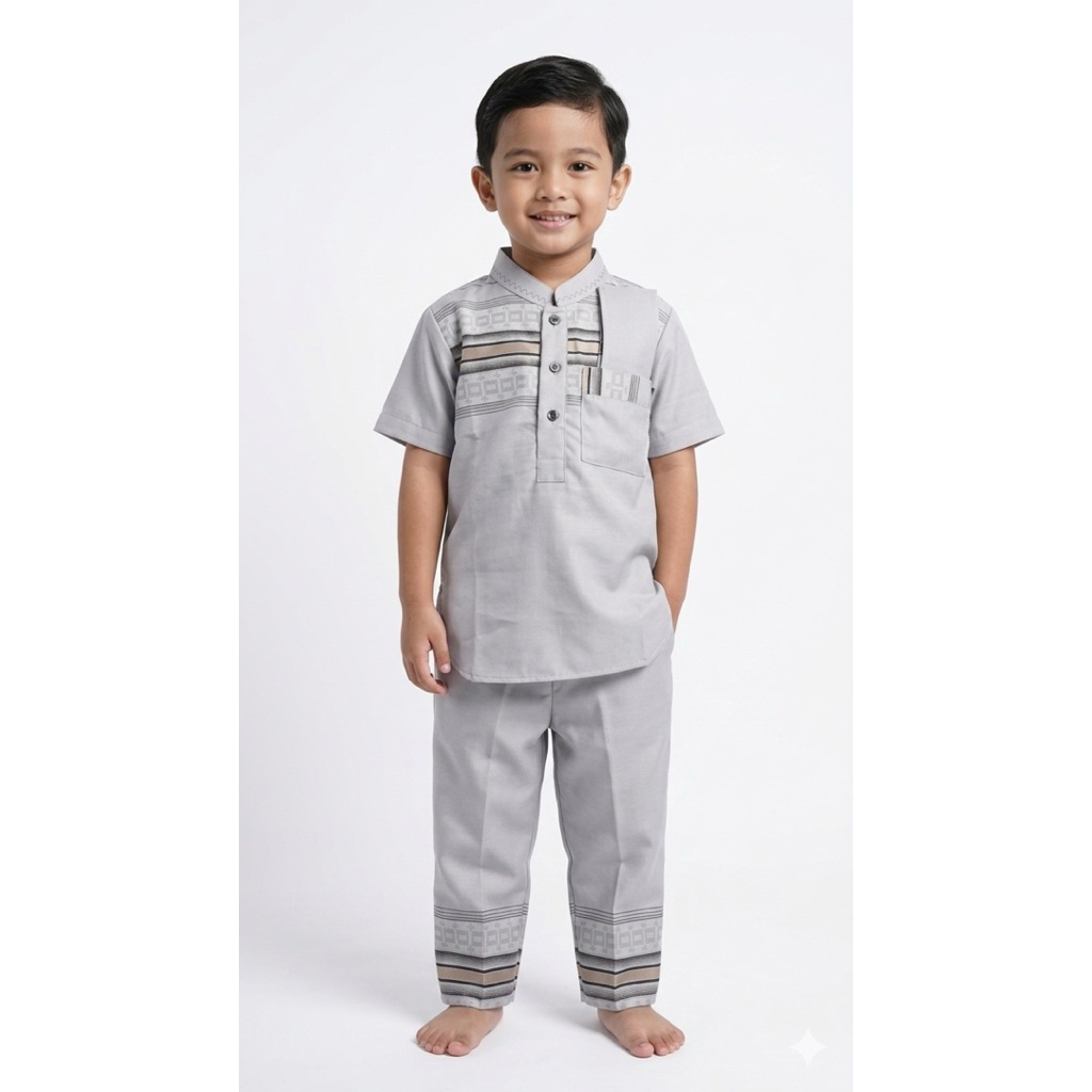 One set Gamis Perempuan Dewasa Lebaran Abu + Kerudung Pink/Abu+ One set Baju Lebaran Anak Cowo