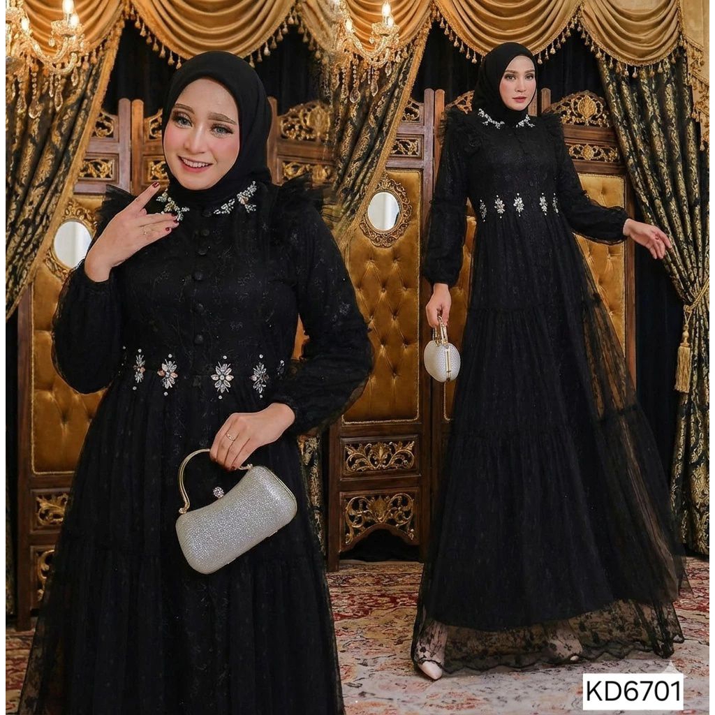 GAMIS PERMATA HITAM KD6701 SIZE L GAMIS LEBARAN BAJU LEBARAN MX BRUKAT HITAM LD 100 Dress Maxi dress