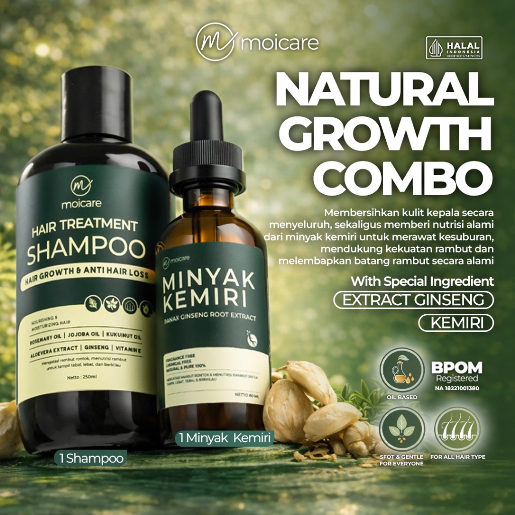 Moicare Paket Minyak Kemiri + Shampoo – Perawatan Rambut Rontok & Tampak Lebih Tebal | Ginger & Rose