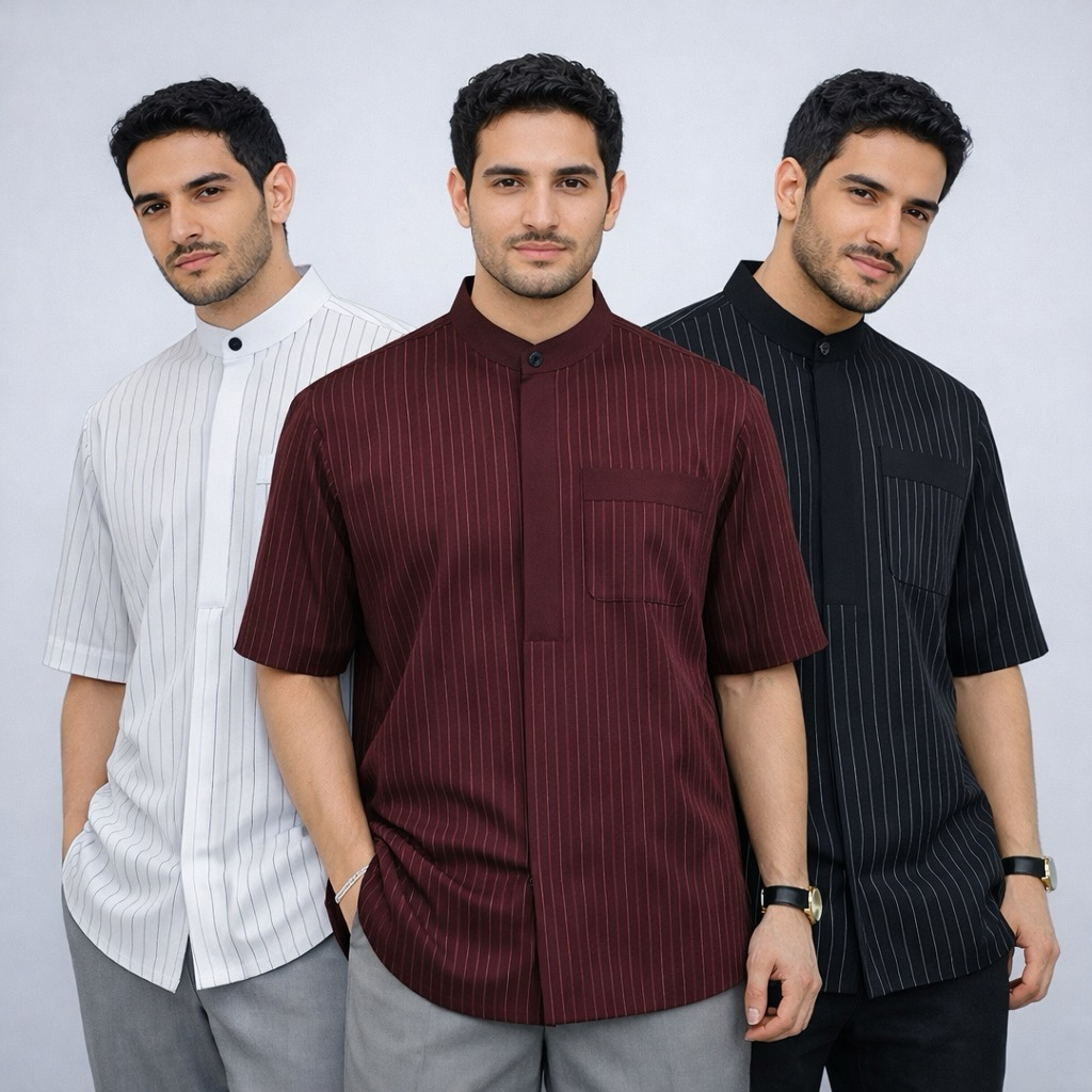 Kemeja Stripe Lengan Pendek Pria Zipper Full | Kemeja Lengan Pendek Stripe