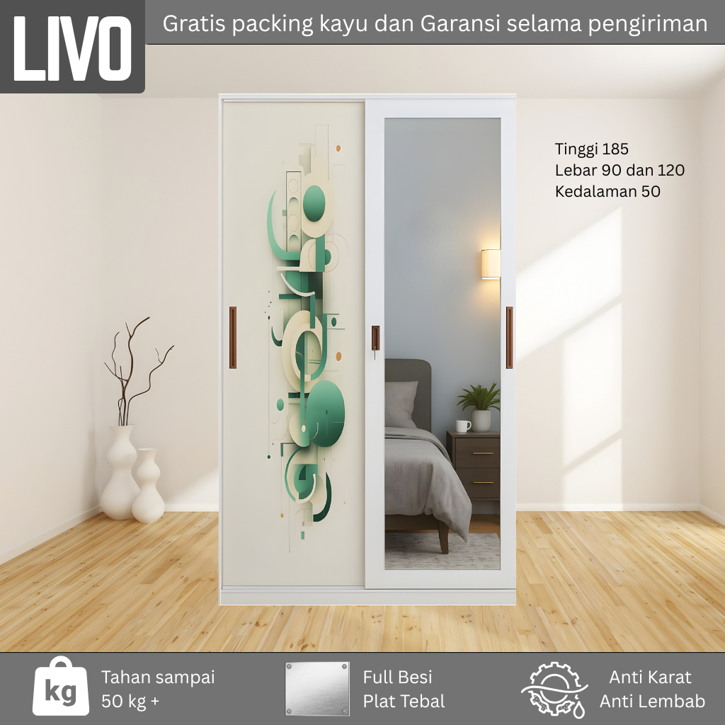 KSH KARSINDO. Lemari Pakaian 2 Pintu Besi Sliding Cermin | Lemari Baju Sleding Besi