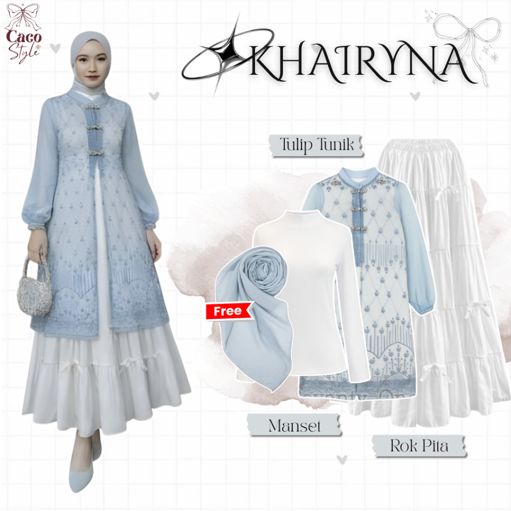 KHAIRYNA One Set 4In1 Outfit Lebaran Tunik Outer ( Bella Sqaure + Manset + Tunik + Rok Pita ) -CO116