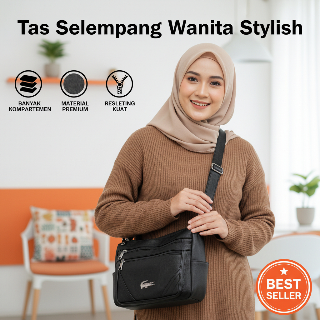 Tas Selempang Wanita Elegan Premium | Tas Bahu Wanita Banyak Kantong Kulit PU Model Simple