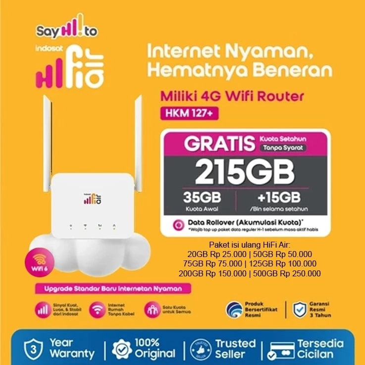INDOSAT HIFI HKM0127 Modem Wifi Router 4G LTE Cat4 150Mbps 32 Perangkat Gratis 215GB Kuota