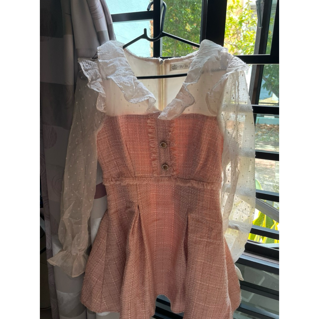 Tweed Mini Dress Pink Kombinasi Lengan Putih Chiffon - Korean Look Mewah