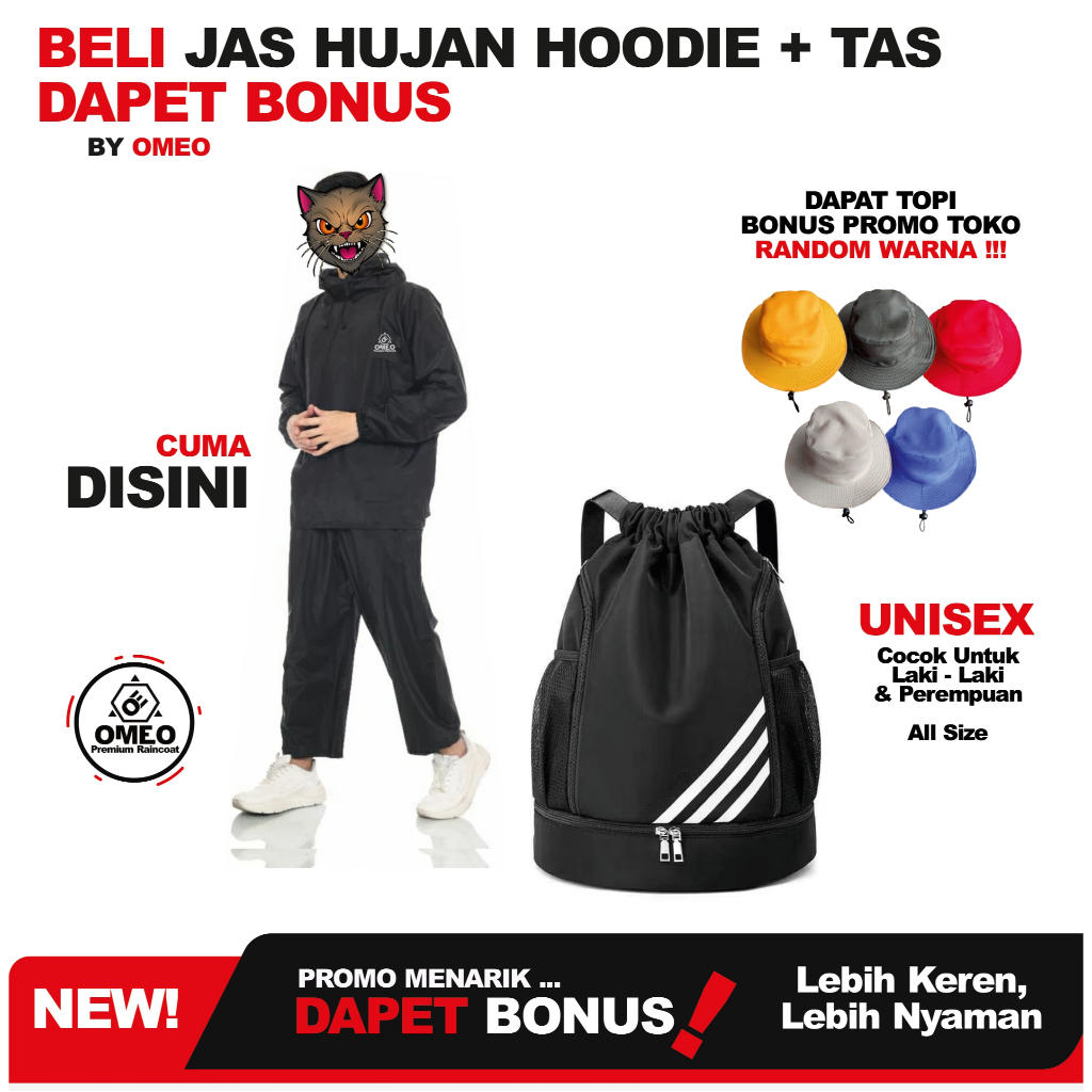 RAINCOAT Jas Hujan OMEO sudah SEALER atau Press MODEL HOODIE TANPA ZIPER BAHAN TEBAL PVC Unisex + Ta