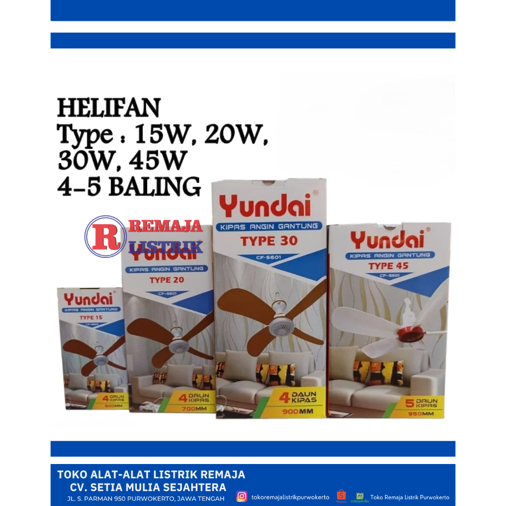 Fan Baling Kipas Angin Gantung 4 Baling Yundai Kawachi