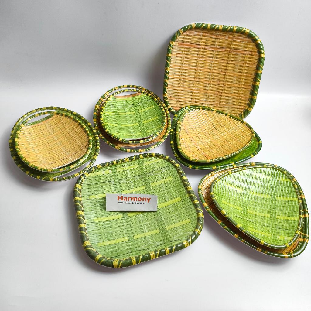 Singa Singi Anyam Piring Melamine Motif Daun Rotan Anyam Melamin Kotak Bulat Segitiga Hijau