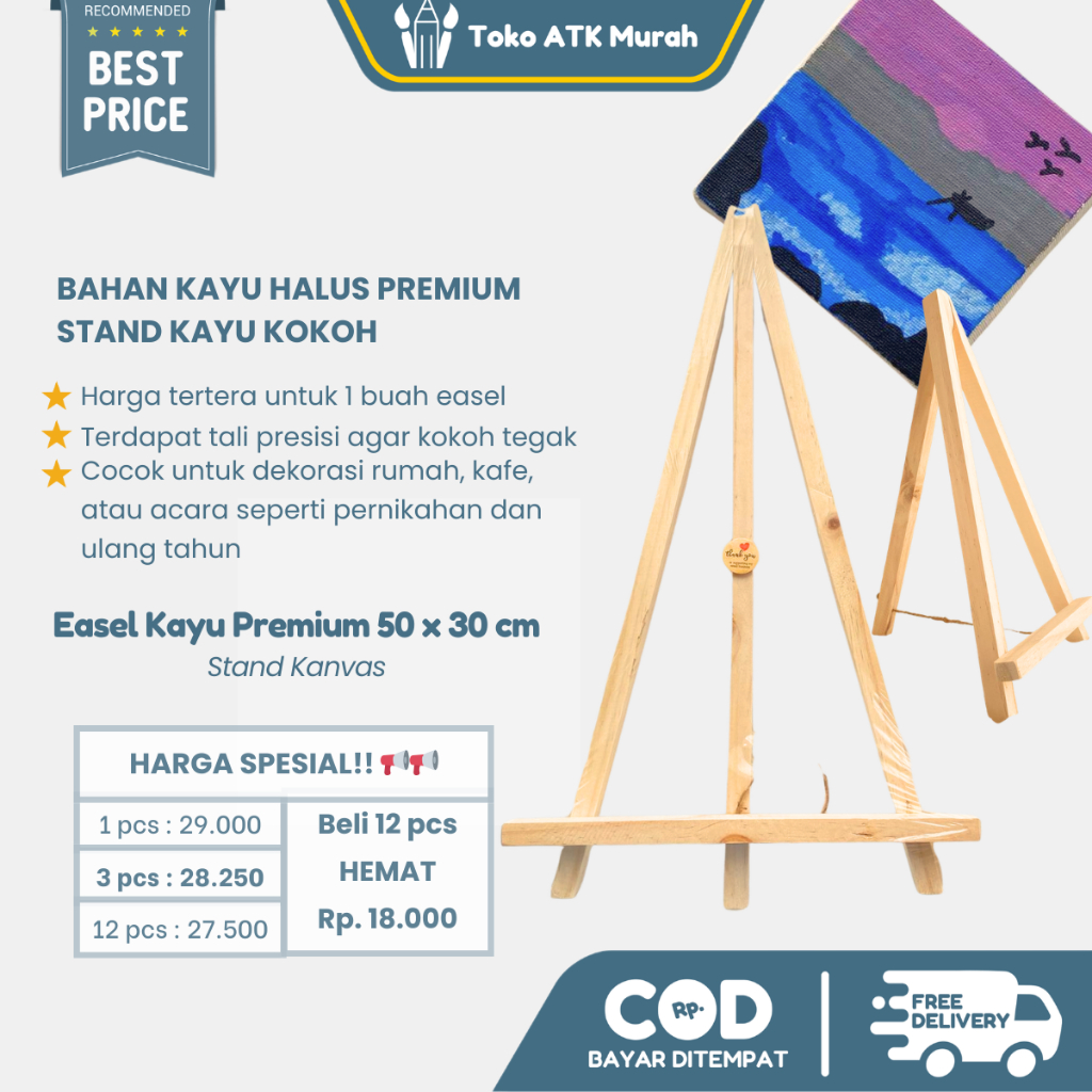 Easel Kanvas Premium Halus 50 x 30 cm - Stand Sandaran Kayu Pigura