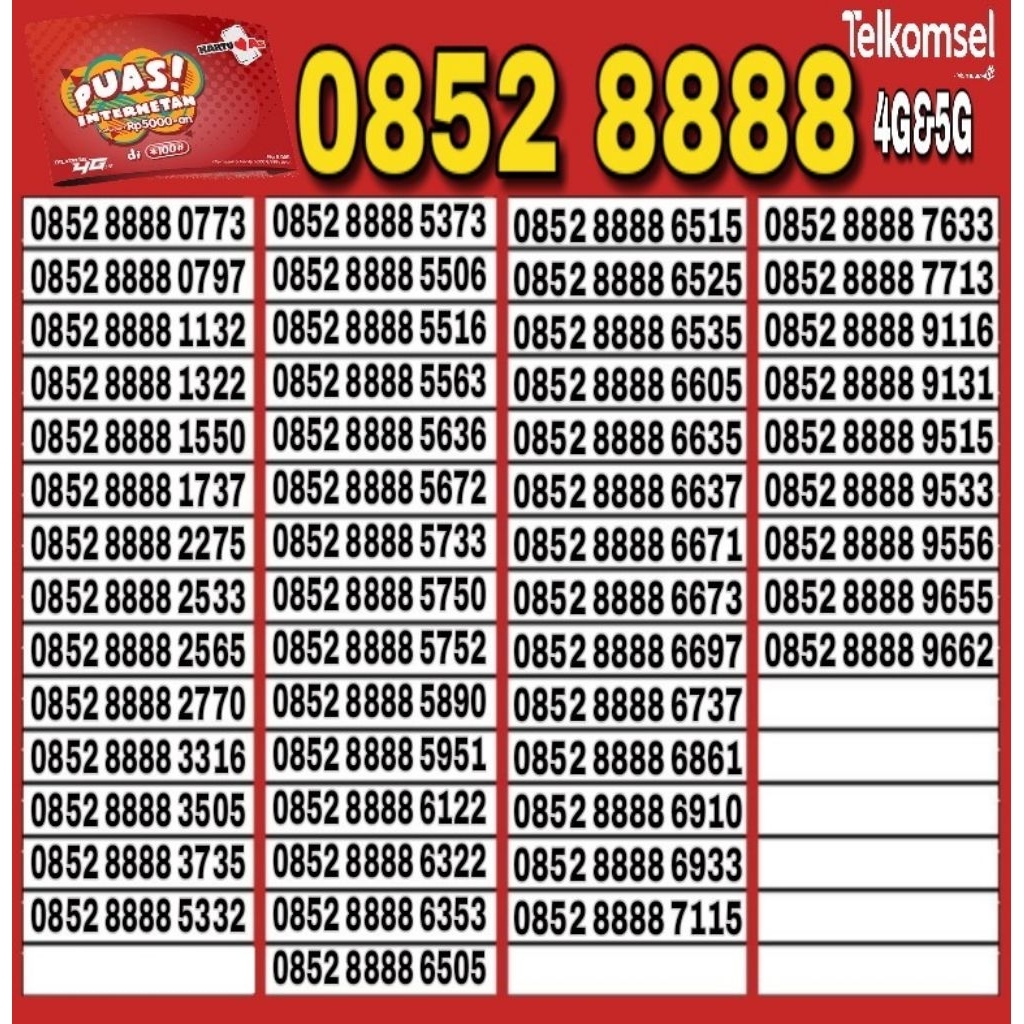 NOMOR CANTIK TELKOMSEL AS 4G LTE 8888 - O852 8888