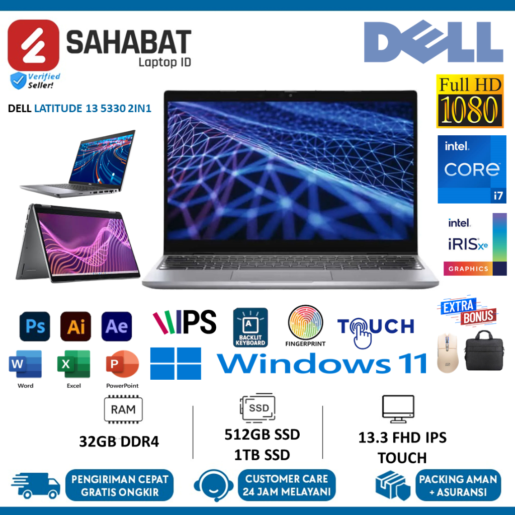 Dell 2in1 Latitude 13 5330 Intel Core i7 1265U Ram 32GB 2TB SSD Fhd Ips Touch WIN11PRO
