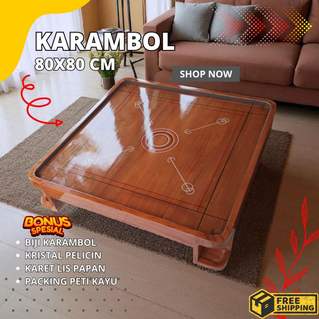 Karambol Kayu Jati Premium Terbaik Ukuran 80x80 lengkap Satu set Dengan Biji karambol
